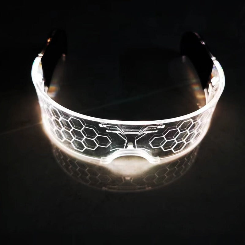 Light-up Hex Cyberpunk visor glasses with honeycomb design on a dark background