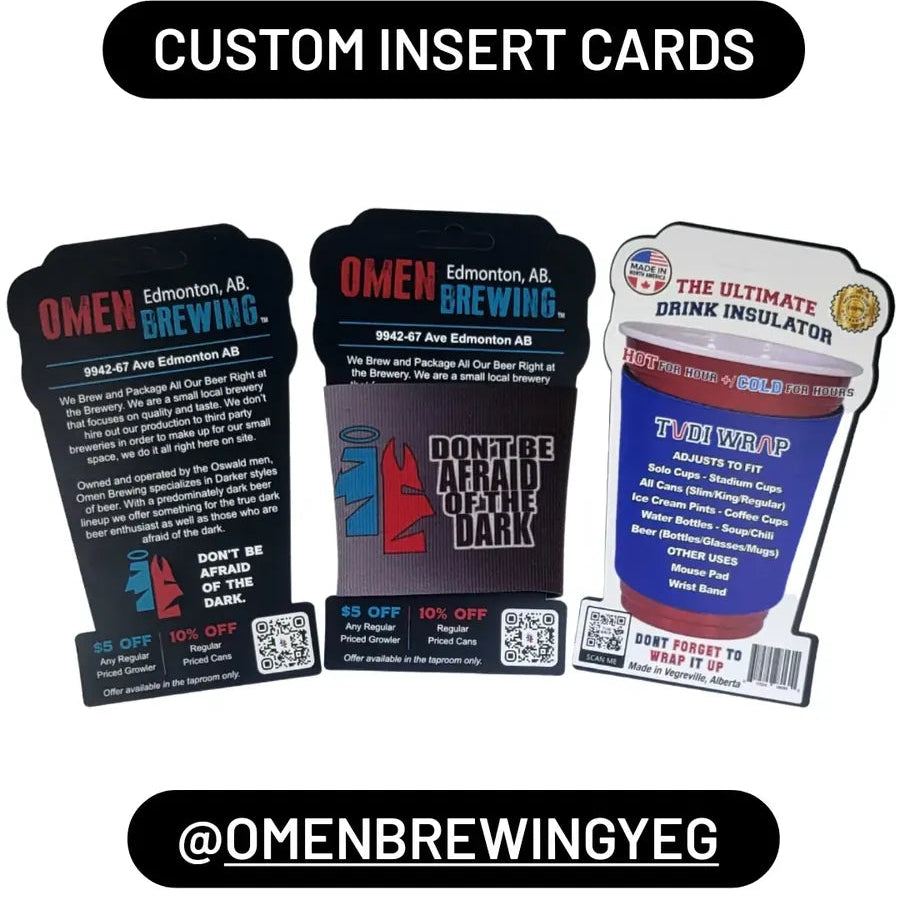 Custom insert cards for Omen Brewing with branding and product details.
