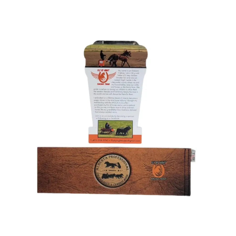 Wooden box with a label featuring a logo and text on a white background