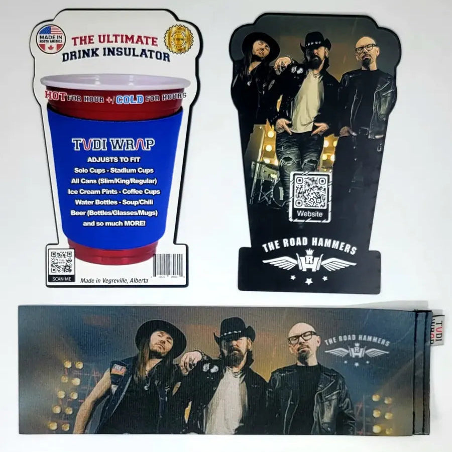 Promotional items including a drink insulator, a standee, and a poster featuring a band.