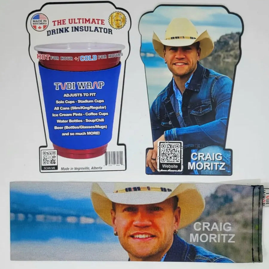 Promotional material featuring a drink insulator and a photo of Craig Moritz on a white background