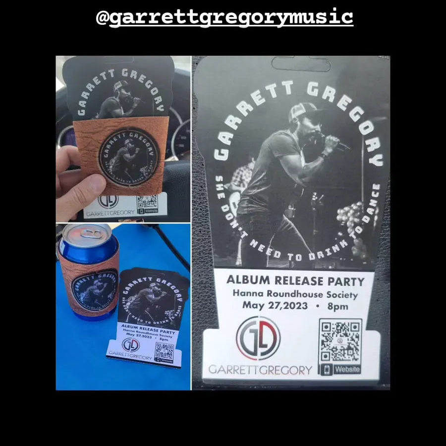 Promotional graphic for an album release party featuring a person holding a product and an album cover.