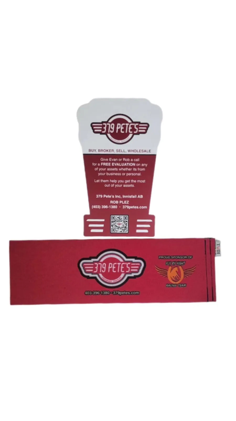 Red and white product packaging with a logo on a white background