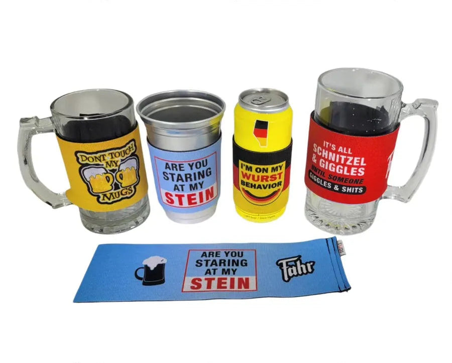 Set of branded beer steins and can with promotional text on a white background