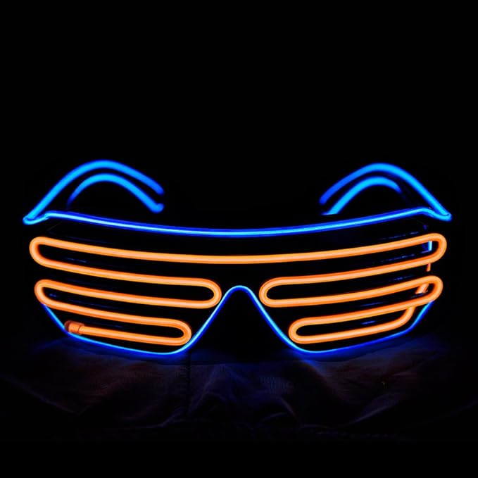 Neon sunglasses with blue and orange lights on a black background