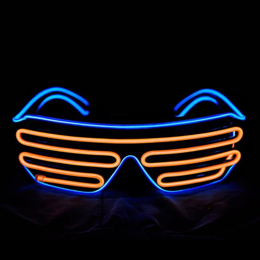 Neon sunglasses with blue and orange lights on a black background