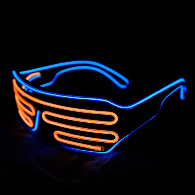 Neon sunglasses with blue and orange lights on a black background