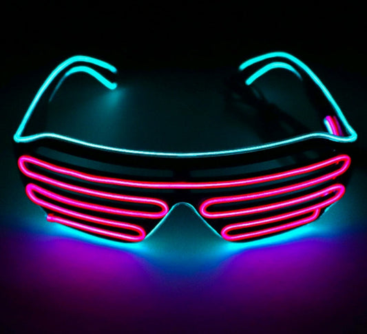 Neon sunglasses with blue and pink lights on a dark background