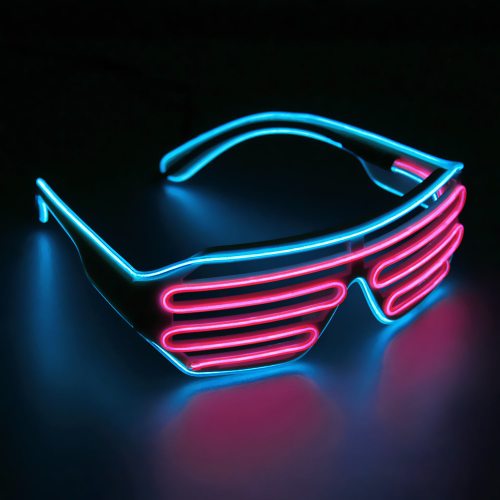 Neon sunglasses with blue and pink lights on a black background