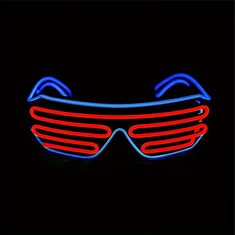 Neon sunglasses with blue and red lights on a black background