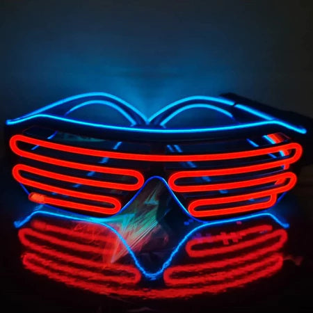 Neon sunglasses with blue and red lights on a dark background