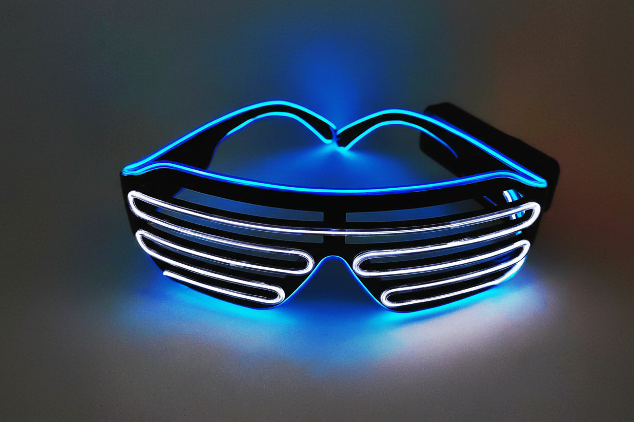 Wireless dual color LED sunglasses with blue and white lights on a dark background.