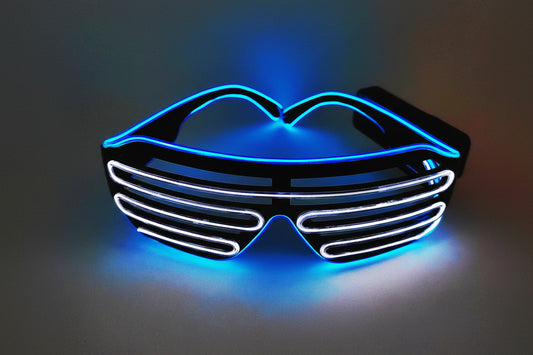 Wireless dual color LED sunglasses with blue and white lights on a dark background.