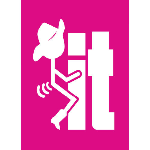 White stick figure with a hat on a pink background