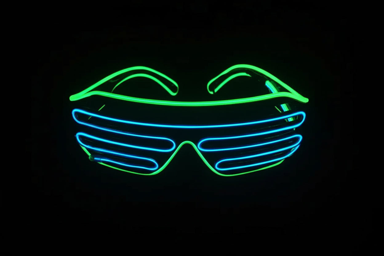 Neon green and blue sunglasses with 'Neon Glo' logo on a black background