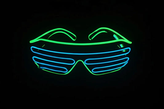 Neon green and blue sunglasses with 'Neon Glo' logo on a black background