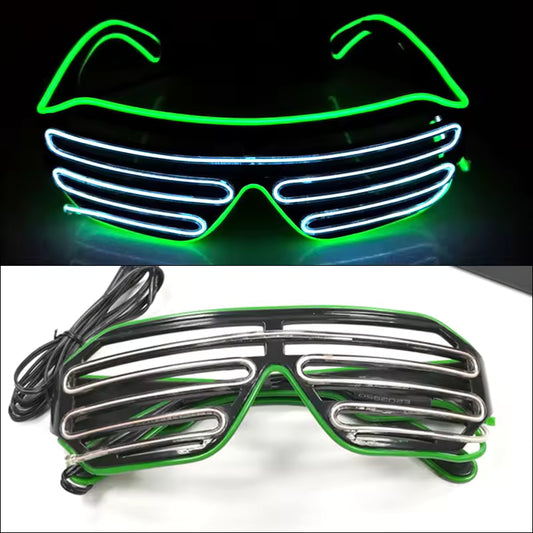 LED sunglasses with green and blue lights on a black background, and a close-up of the same sunglasses on a white background.