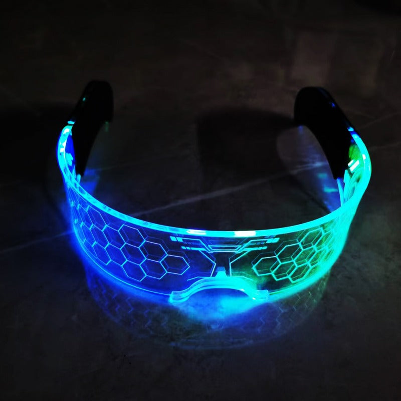 Glowing LED cyberpunk visor on a dark background