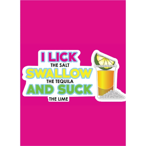 Pink background with tequila graphic and humorous text on a white border