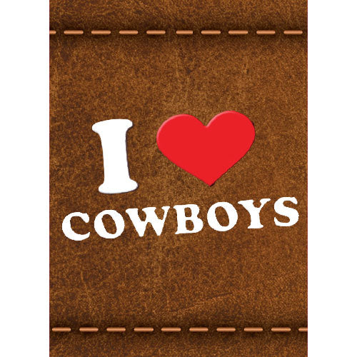 Brown leather patch with 'I ❤️ COWBOYS' text on a white background