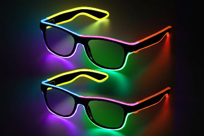 Neon sunglasses with colorful LED lights in a 2-pack packaging.