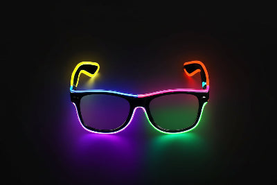 Glowing sunglasses with LED lights and flashing mode instructions on a dark background