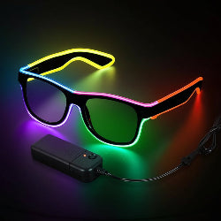 Neon LED sunglasses with battery pack on a dark background, highlighting battery power and glow intensity.