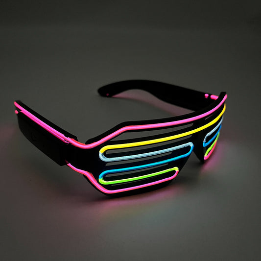 Neon sunglasses with colorful frame on a dark background
