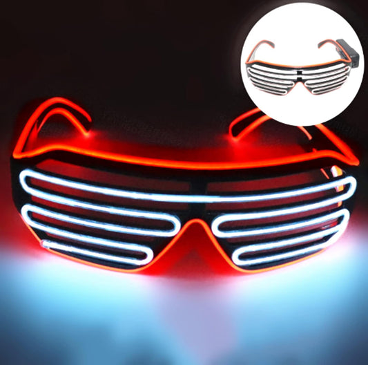 Neon sunglasses with glowing red and white frame on a dark background
