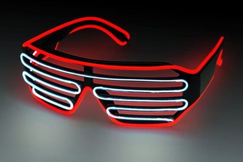 Neon sunglasses with red and white lights on a dark background