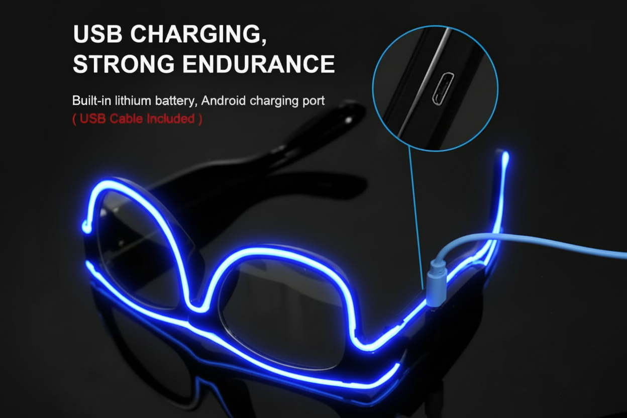 Sunglasses with USB charging cable on a black background, highlighting charging feature.
