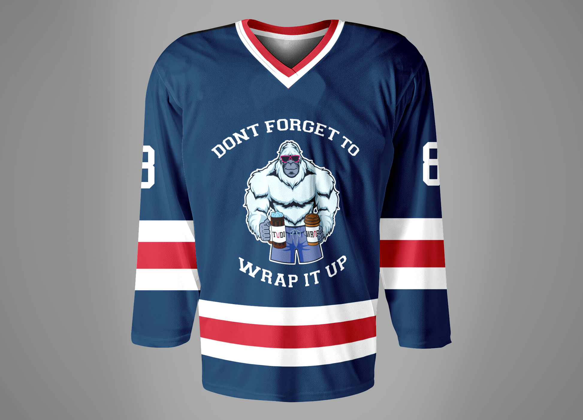 Hockey jersey with a bear graphic and text on a gray backgroundTUDI wrap party Glasses 