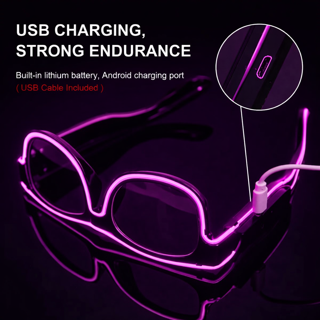 Neon sunglasses with USB charging cable on a black background