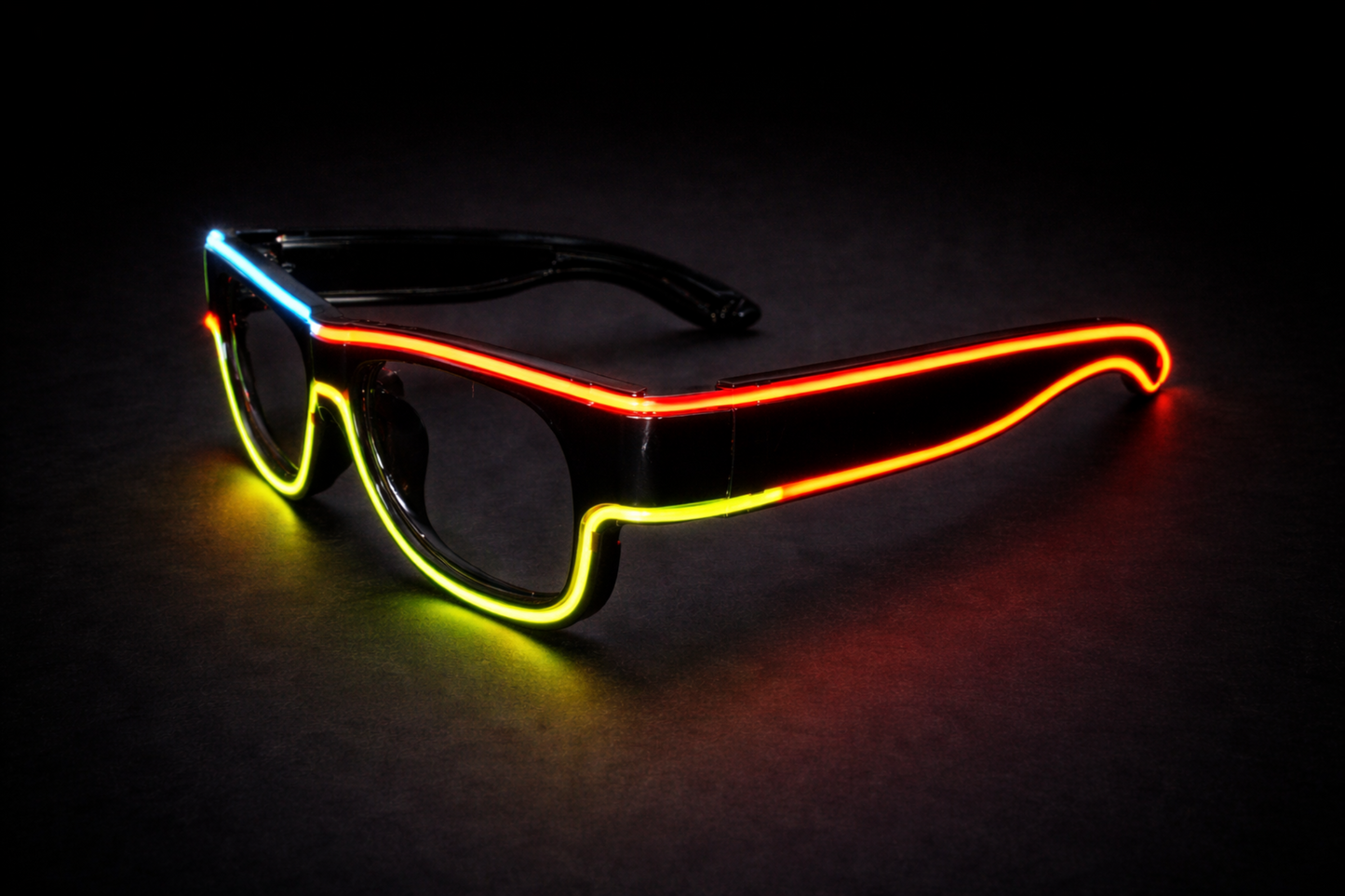 Sunglasses with colorful LED lights on a dark background