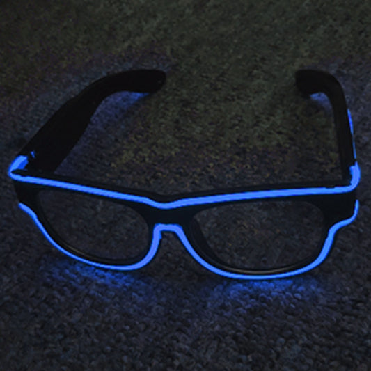 Black sunglasses with blue EL wire on a dark textured surface