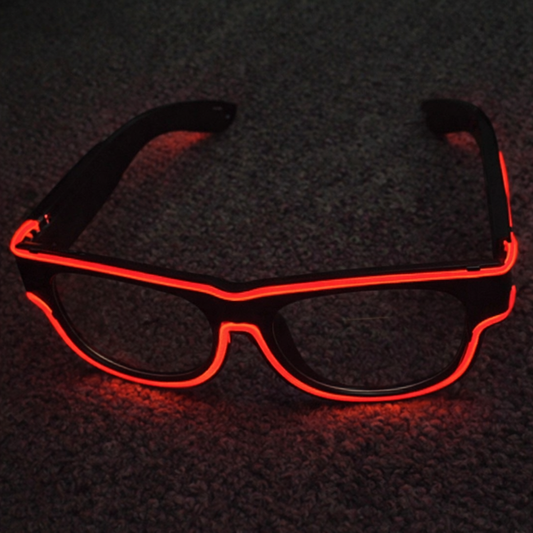 Black glasses with red EL wire on a dark textured background