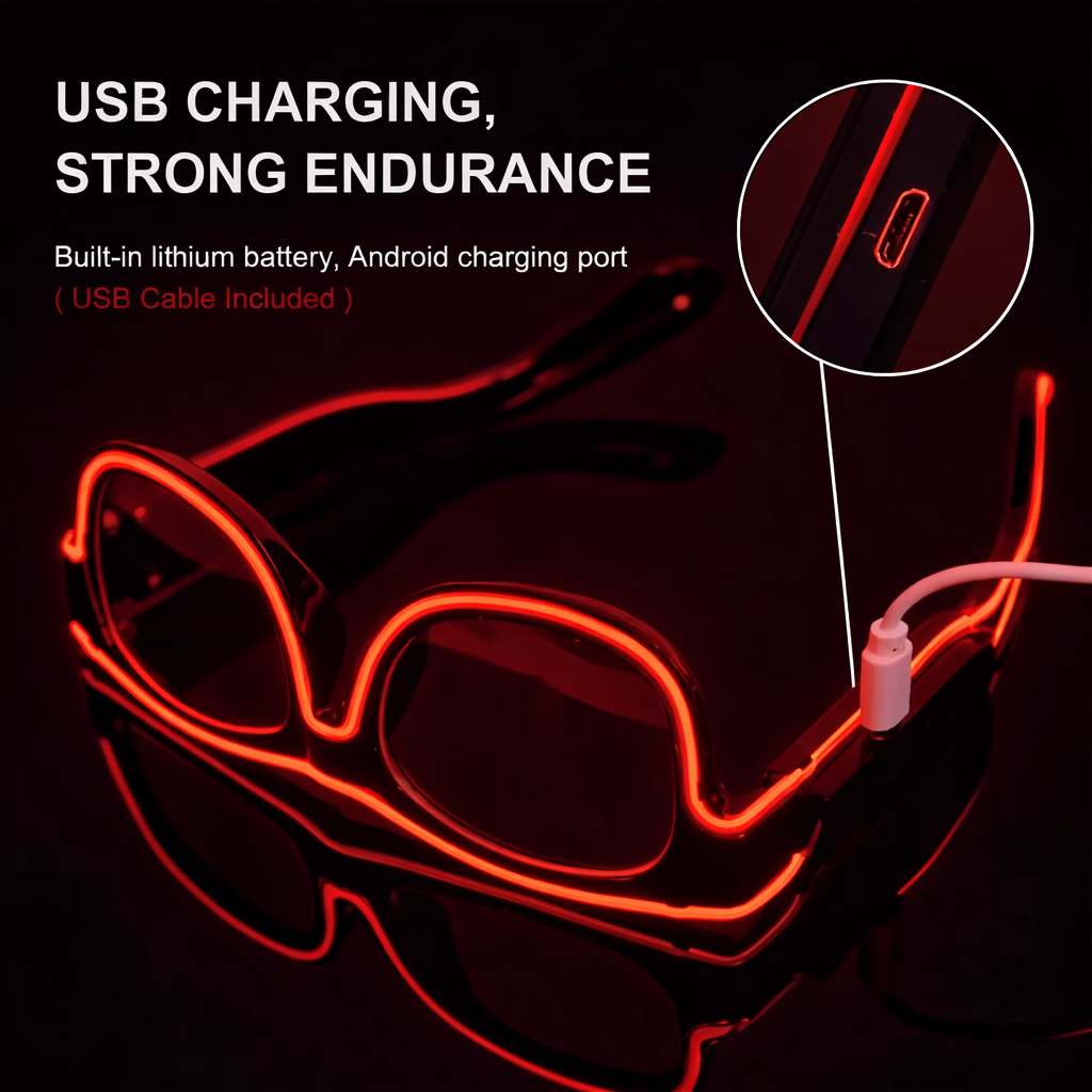 LED glasses with USB charging cable on a black background