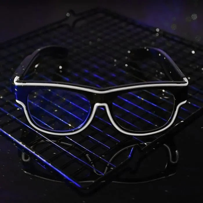 Sunglasses with blue LED lights on a dark background